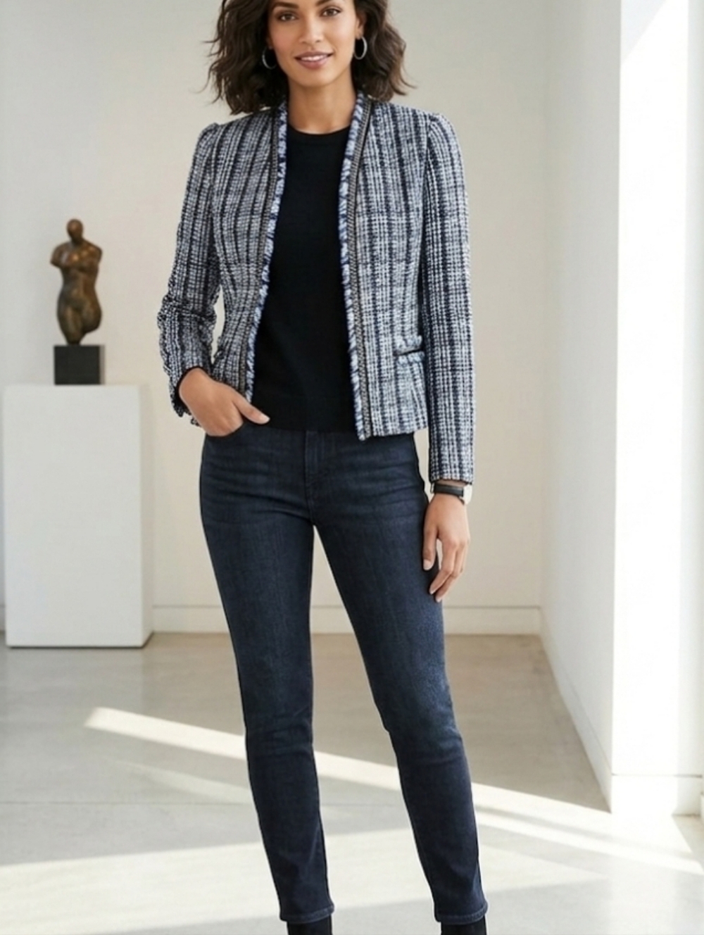 Tahari Arthur Levine Blue Fringe Braid Trim Tweed Crop Lady Jacket Blazer Sz 6